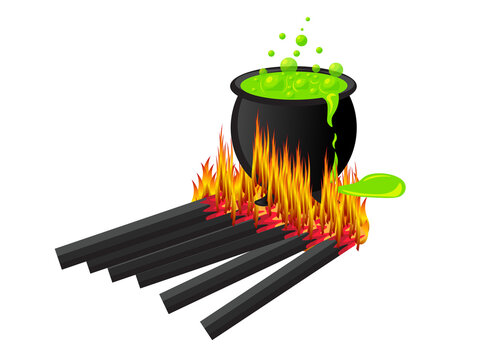 A black cauldron sits over a fire, filled with bubbling green liquid. Several wooden logs underneath are ablaze, creating flames that lick the cauldron's base