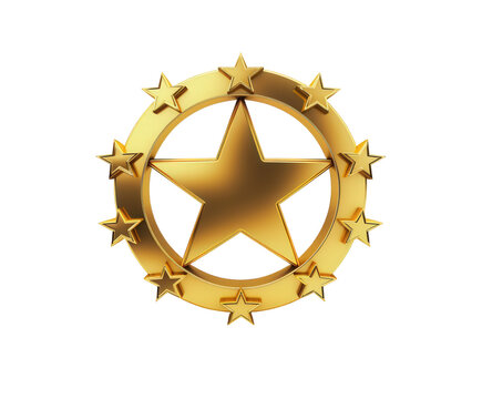 Shiny golden star enclosed in a ring of smaller stars, sparkling on transparent background