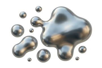 Poster - Fluid metallic blobs reflecting light, floating weightlessly with dynamic shimmer against transparent surface, showcasing liquid metal movement