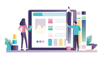 Illustration of two designers working on a website layout with a large tablet and a pencil tool