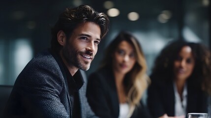 Poster - Business team discussing strategy at a conference table
