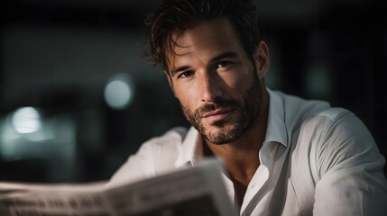 Poster - Serious businessman reading financial newspaper at his desk