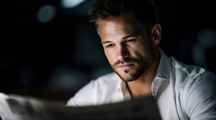 Poster - Focused businessman reading financial newspaper at desk