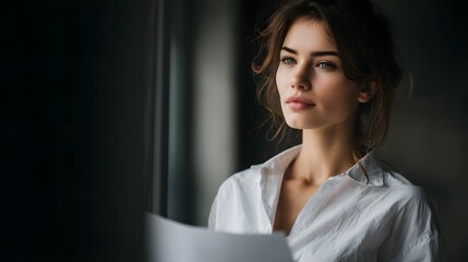 Poster - A focused woman reviewing business reports near a window
