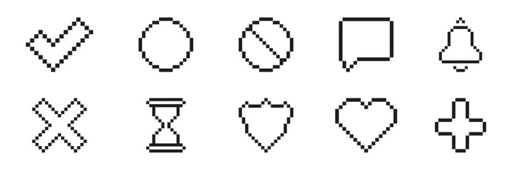 Fototapete - Pixel Art Icon Set Featuring Checkmark, Circle, Speech Bubble, Bell, Cross, Hourglass, Heart, And Plus. Pixelated Symbol Collection For Ui Design. Isolated Vector Illustration