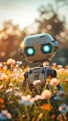 Poster - A cute robot in a flower field