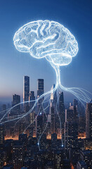 Poster - Brain-shaped circuit board emanating lines connecting to the city skyline at dusk