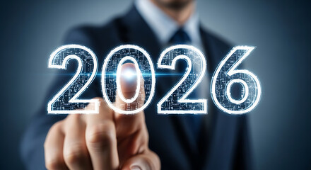 Poster - Business professional touching the year 2026 illustrating future technology and progress