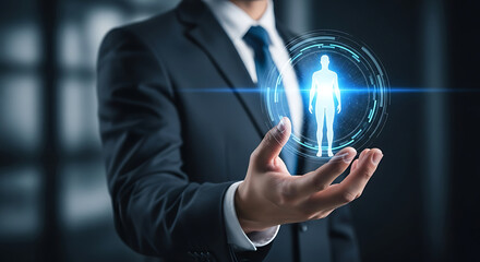 Poster - Businessman holding a glowing digital human silhouette representing future health and science.