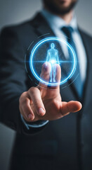 Poster - Businessman interacting with futuristic hologram representing human body and scientific advancements