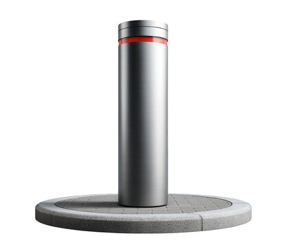 Modern stainless steel bollard with red accent, for urban design and security applications on transparent background