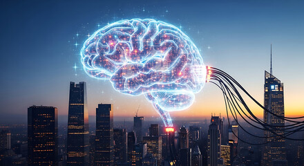 Poster - Futuristic concept of artificial intelligence brain connected to the modern city skyline