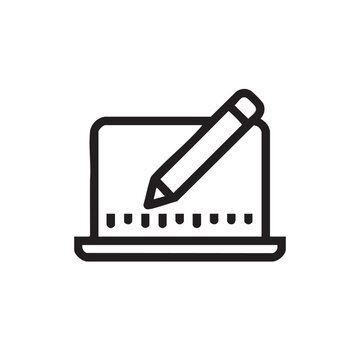  A black and white icon of a laptop with a pencil and ruler.