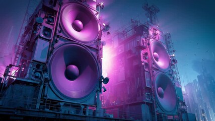 Poster - Giant speakers on a city street, blue and purple colors, cyberpunk style, urban and loud music concept