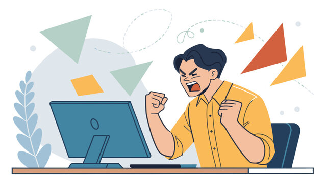 Frustrated man yelling at computer screen, ideal for illustrating stress, anger, or tech problems in articles, websites, or presentations.