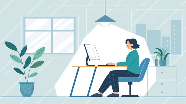 Woman working on computer in modern office, ideal for website banners or business brochures.
