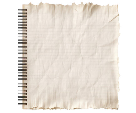 Antique spiral notebook page with torn edges and wrinkled texture, ready for text on transparent background