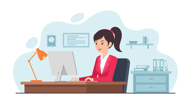 Smiling businesswoman working on computer in modern office - perfect for website banners or business brochures.