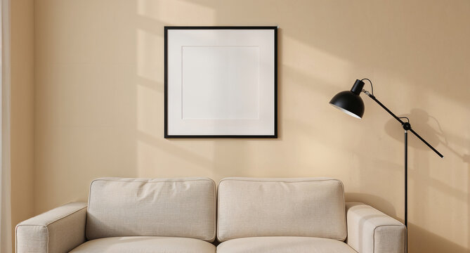 A black framed picture hangs above a beige sofa with a floor lamp illuminating the wall in a modern living room