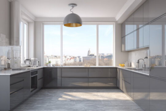 Blur background of Perspective view on stylish sunny kitchen room with modern glossy grey kitchen set and furniture, stylish lamp from top, ceramic tale floor and city view from big window