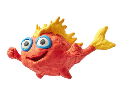 Playful red claymation fish character with yellow fins and hair on transparent background