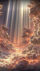 Wall Mural - A breathtaking vision of heaven, majestic clouds parting in the sky, intense god rays shining down through the opening, divine golden light illuminating the scene, soft ethereal glow, celestial atmosp