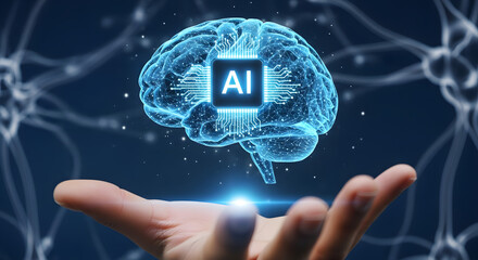 Poster - Hand holding a translucent brain with an AI chip, surrounded by neural network connections.