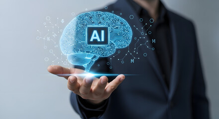 Poster - Man displays a holographic AI brain, symbolizing artificial intelligence integration and human intellect.
