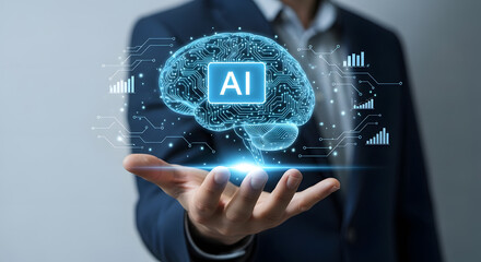 Poster - Businessperson presenting a holographic AI brain, symbolizing artificial intelligence and technological innovation.