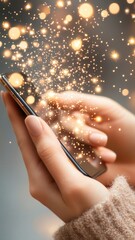Poster - Woman golden digital device, modern glitter sparkling from screen, reflecting scrolling communication and stylish technological engagement
