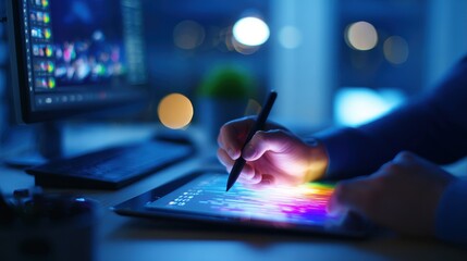Aufkleber - Creative professional using a tablet to design graphics in a dimly lit workspace with monitors