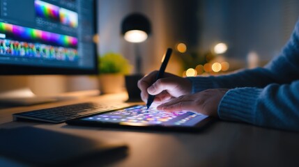 Aufkleber - A creative professional using a tablet to design graphics in a cozy, illuminated workspace at night