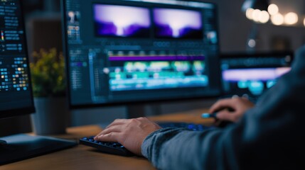 Aufkleber - Person editing video on computer with multiple screens displaying colorful footage in a dimly lit room