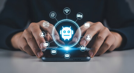 Poster - Person interacts with a smartphone displaying a digital robot and interconnected application icons, representing technological integration.