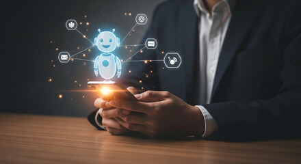 Poster - Businessperson using smartphone, interacting with digital AI assistant, showcasing technological integration.