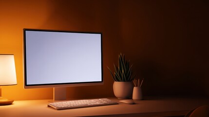 Poster - Modern workspace featuring a computer, lamp, and plant on a desk against a warm backdrop