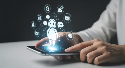Poster - Person holding smartphone displaying a digital chatbot and communication icons.