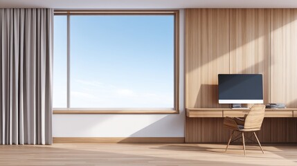 Poster - Modern workspace with wooden accents, large window revealing clear sky, minimalistic design