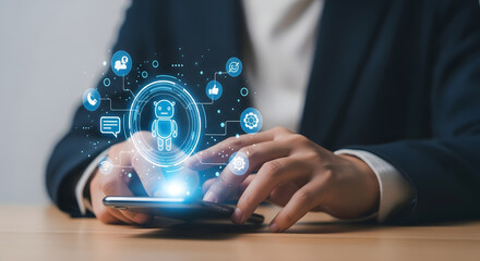 Poster - a person using a smartphone with an ai chatbot interface and related icons hovering above the screen