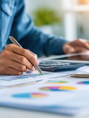  - Professional analyzing financial data with charts and calculator in modern office setting