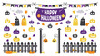 © Vector Nest - A festive halloween scene with pumpkins, ghosts, a banner, and a picket fence is displayed here