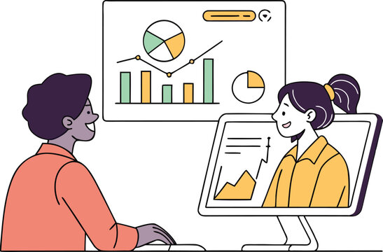 Online Business Analytics Concept. Vector cartoon illustration of a video conference of two people discussing information graphics.person, analysis, brainstorming, businessperson, businesswoman, ceo, 