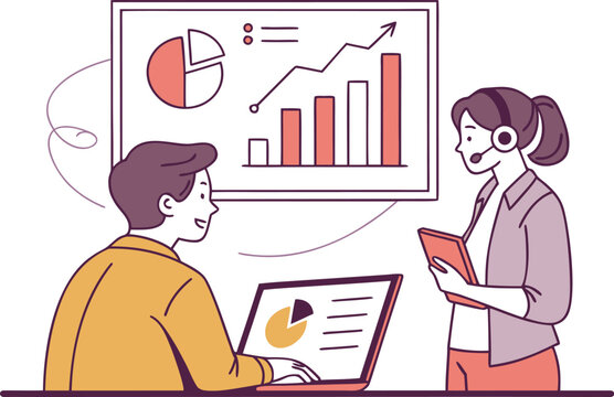 Online Business Analytics Concept. Vector cartoon illustration of a video conference of two people discussing information graphics.person, analysis, brainstorming, businessperson, businesswoman, ceo, 