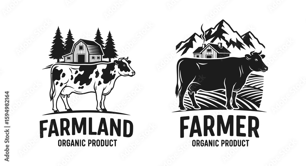 Two monochrome vector illustrations of cows with farm elements, organic ...