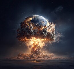 Poster - Earth exploding, an explosive scene in space, hyper-realistic, dark background, Earth floating in the air, fire and smoke coming out of it, a nuclear bomb mushroom cloud behind the planet Earth, 
