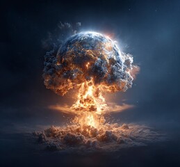 Poster - Earth exploding, an explosive scene in space, hyper-realistic, dark background, Earth floating in the air, fire and smoke coming out of it, a nuclear bomb mushroom cloud behind the planet Earth, 