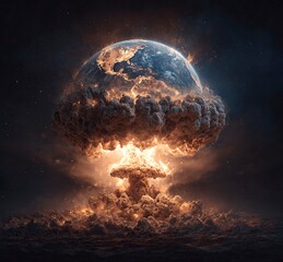 Poster - Earth exploding, an explosive scene in space, hyper-realistic, dark background, Earth floating in the air, fire and smoke coming out of it, a nuclear bomb mushroom cloud behind the planet Earth, 