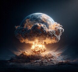 Poster - Earth exploding, an explosive scene in space, hyper-realistic, dark background, Earth floating in the air, fire and smoke coming out of it, a nuclear bomb mushroom cloud behind the planet Earth, 