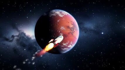 Wall Mural - White rocket speeds through vast dark starry space leaving fiery trail near large red planet cosmic nebula