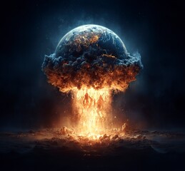 Poster - Earth exploding, an explosive scene in space, hyper-realistic, dark background, Earth floating in the air, fire and smoke coming out of it, a nuclear bomb mushroom cloud behind the planet Earth, 